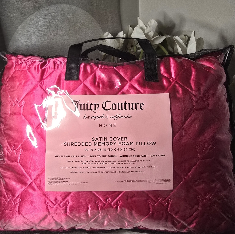 JUICY COUTURE Hot PINK SATIN COVER SHREDDED MEMORY FOAM PILLOW New
